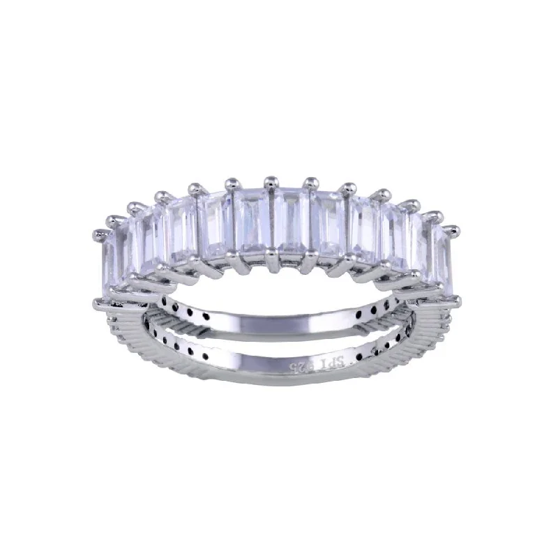 Unique Solitaire Rings-Rhodium Plated 925 Sterling Silver Two Bar Baguette with Clear CZ Ring - STR01146