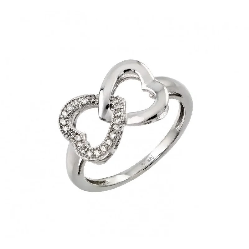 Adjustable Diamond Rings-Silver 925 Rhodium Plated Clear Inlay CZ Intertwined Heart Ring - STR00952