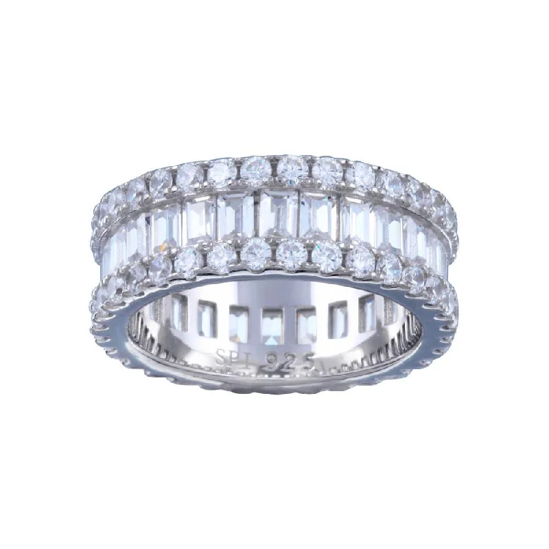 Bold Wedding Bands-Rhodium Plated 925 Sterling Silver CZ Baquette Band with Border Ring  - STR01144