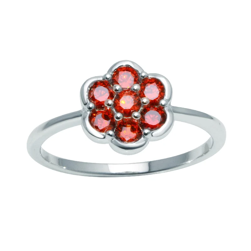 Elegant Wedding Ring Sets-Rhodium Plated 925 Sterling Silver Flower Ring with Red CZ - BGR01152RED