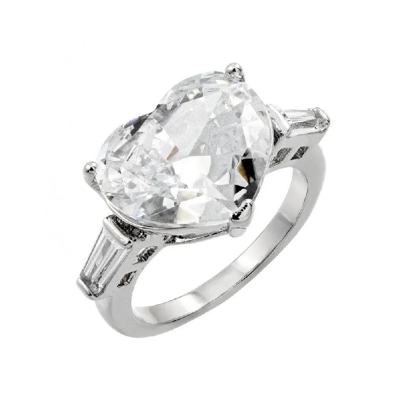 Trendy Engagement Ring Sets-Silver 925 Rhodium Plated Larger Clear CZ Heart Ring - BGR00844