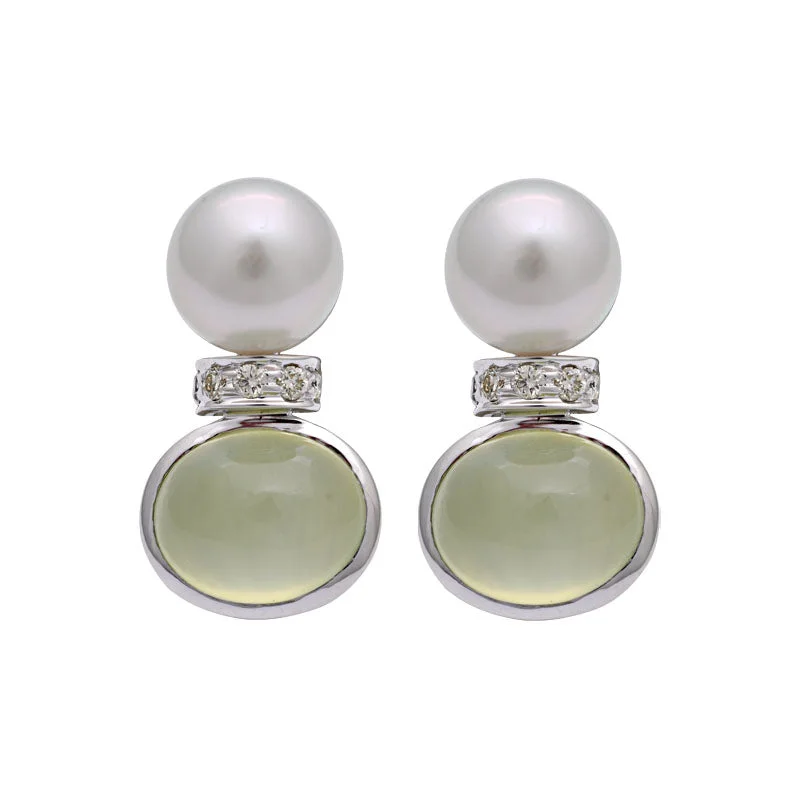 Fashionable Statement Earrings-Earrings-Prehnite, South Sea Pearl and Diamond