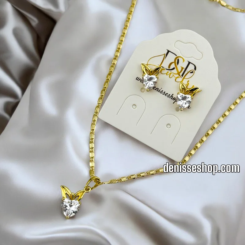 Custom Diamond Necklaces-14K SHINY BUNNY AND HEART WOMEN/GIRL NECKLACE SET N82