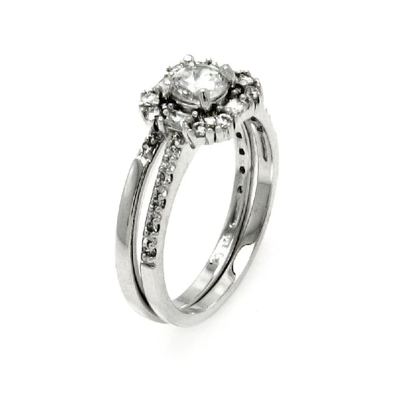 Stylish Solitaire Rings-Silver 925 Rhodium Plated Round Center Clear Baguette CZ Bridal Engagement Ring - BGR00455