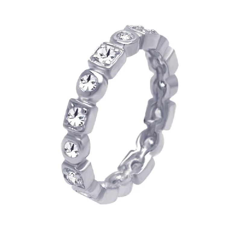 Bridal Diamond Rings-Silver 925 Rhodium Plated Clear Square Round CZ Stackable Eternity Ring - AAR0009