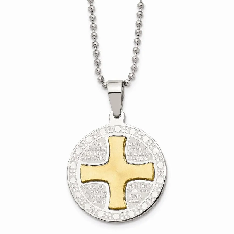 Sparkling Heart Pendant Necklaces-Stainless Steel Brushed/Polished Yellow IP Spanish Lords Prayer Necklace