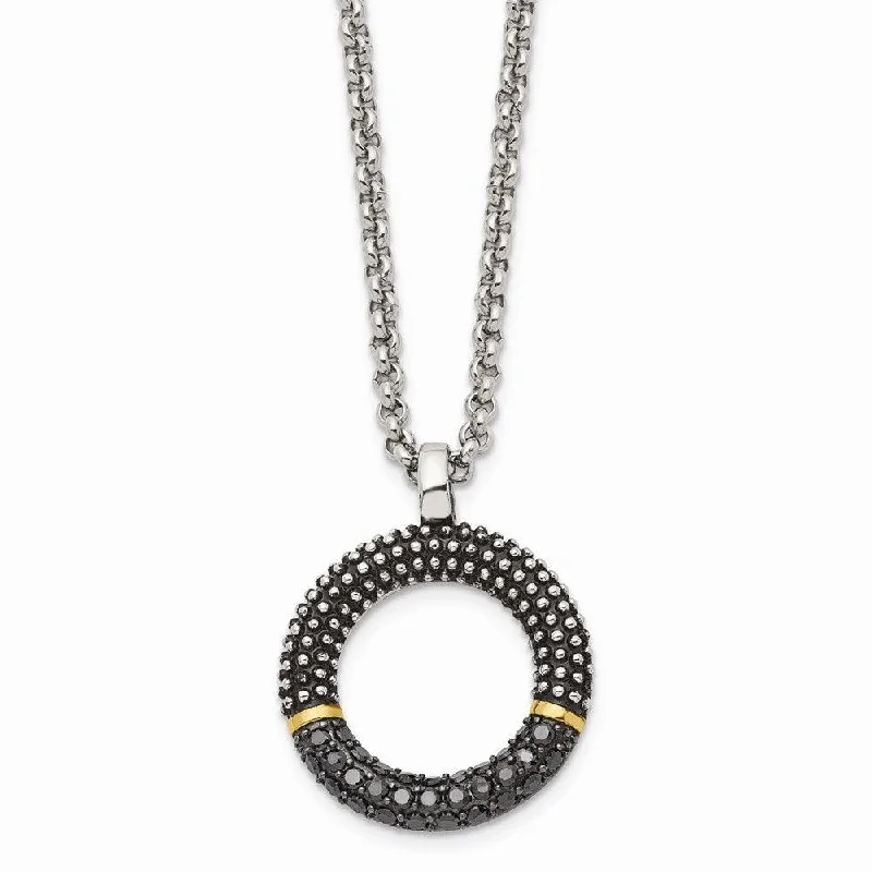 Custom Choker Necklaces-Stainless Steel Black CZ with Yellow IP-plated Antiqued Circle Necklace