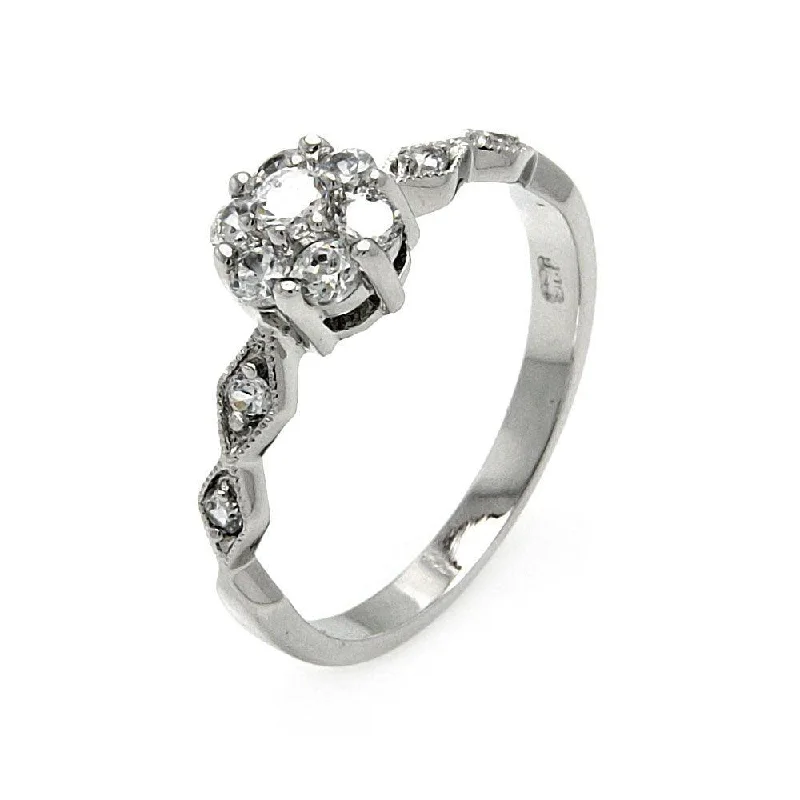 High-Quality Wedding Bands-Silver 925 Rhodium Plated Diamond Shaped Sides Clear CZ Flower Ring - BGR00511