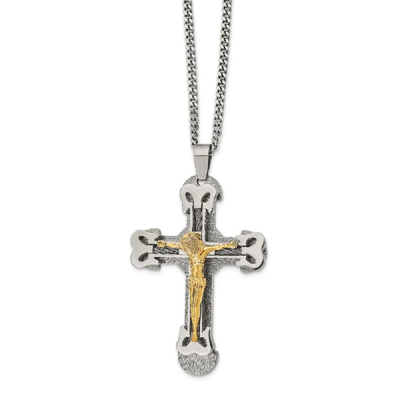 Personalized Pendant Necklaces-Stainless Steel Gold IP w/ Brushed & Polished Cable Cross Necklace