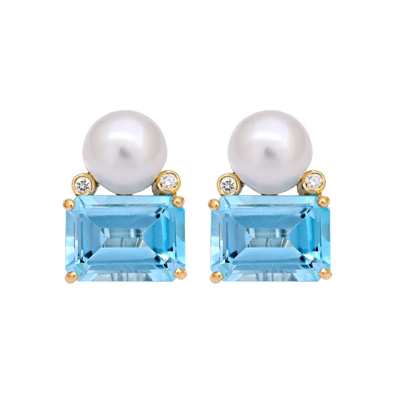 Custom Gold Earrings-Earrings- Blue Topaz, South Sea Pearl and Diamond