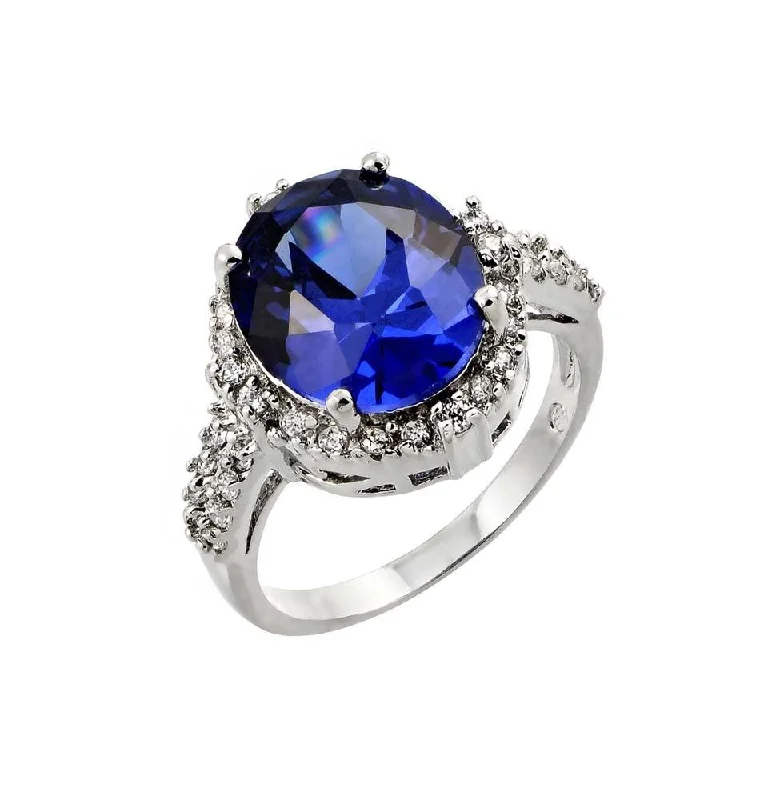 Dainty Wedding Bands-Silver 925 Rhodium Plated Blue Oval and Clear Inlay CZ Bridal Ring - BGR00777