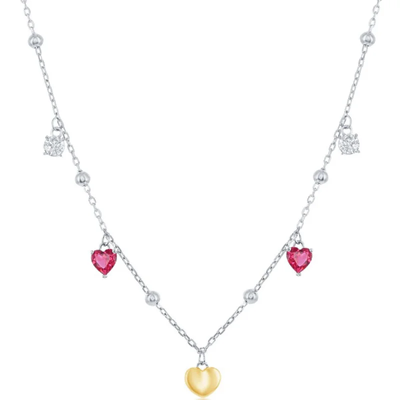 Beautiful Heart Pendant Necklaces-Classic Women's Necklace - GP Sterling Silver White and Ruby CZ Heart Beaded | M-6941