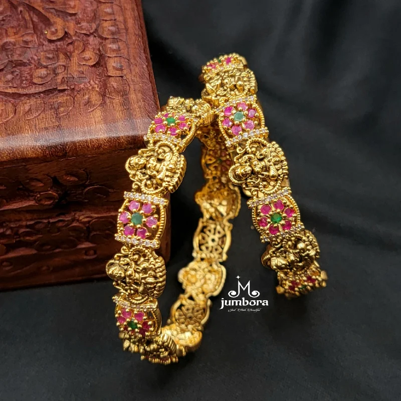 Elegant Wedding Bangles-Antique Gold Lakshmi Bangle with Ruby, Green, & White AD Stone