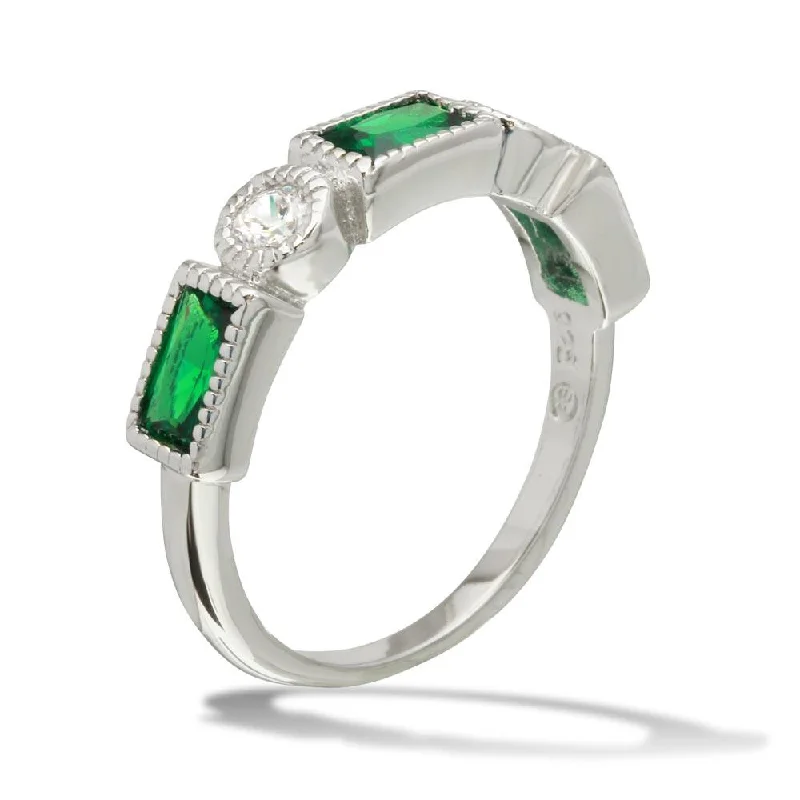 Affordable Engagement Rings-Rhodium Plated 925 Sterling Silver Alternating Green Rectangle and Clear Round CZ Ring - BGR01111GRN