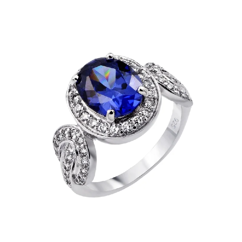 Men’s Gold Rings-Silver 925 Rhodium Plated Blue Center and Clear Inlay CZ Bridal Ring - BGR00788