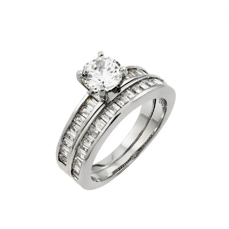 Vintage Engagement Rings-Silver 925 Rhodium Plated Clear Baguette Round CZ Engagement Ring Pair Set - STR00984