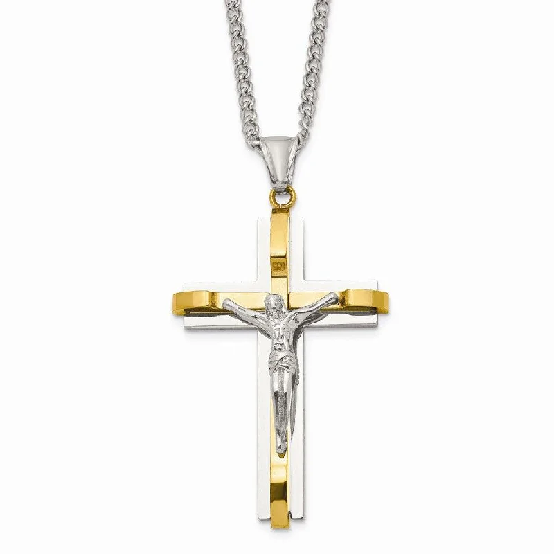 Stylish Gold Necklaces-Stainless Steel Polished Yellow IP Crucifix Necklace