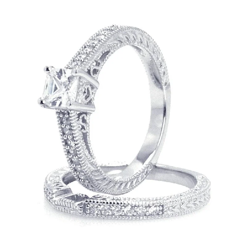 Vintage Style Rings-Silver 925 Rhodium Plated Pave Princess Cut Center CZ Engagement Ring Set - ACR00022