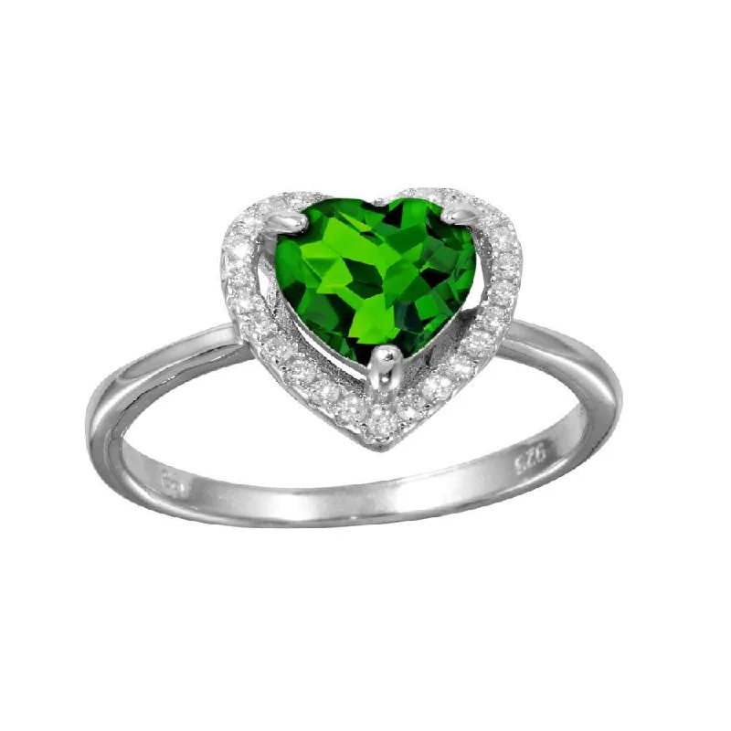 Classic Silver Engagement Rings-Rhodium Plated 925 Sterling Silver Green Halo Heart Ring - BGR01139GRN