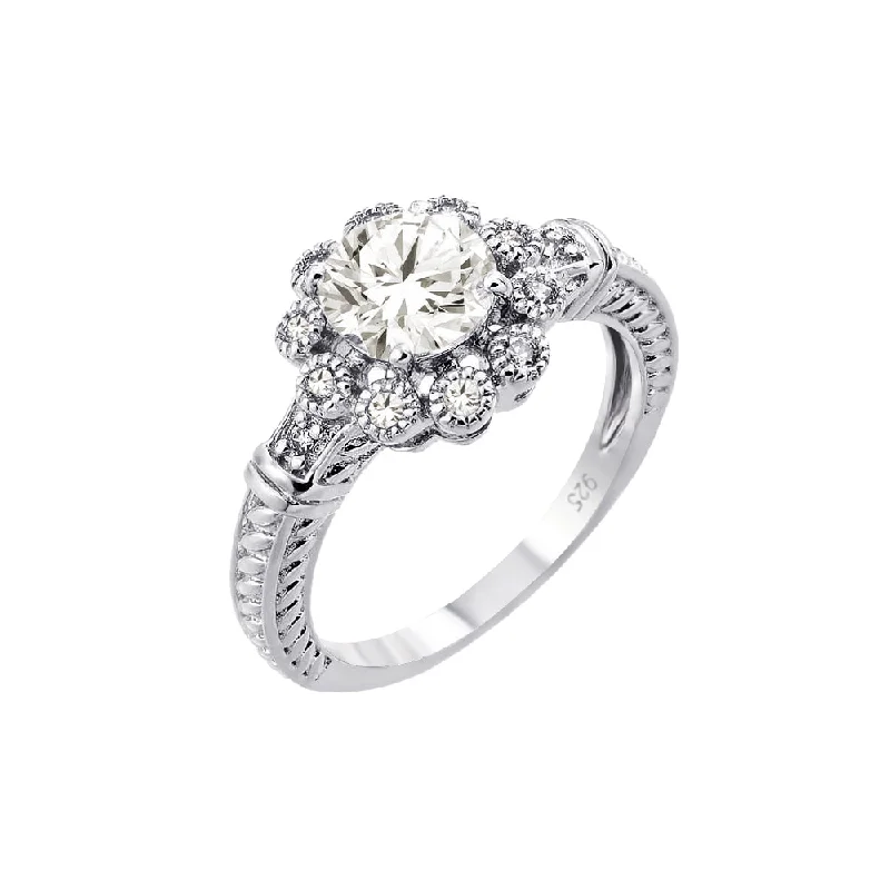 Elegant Wedding Bands-Silver 925 Rhodium Plated Clear CZ Bridal Flower Ring - BGR00782