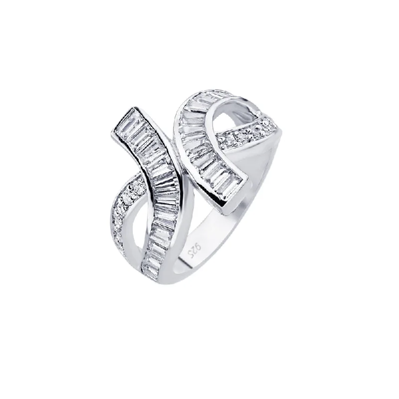 Custom Name Rings-Silver 925 Rhodium Plated Clear Baguette CZ Knot Ring - BGR00565