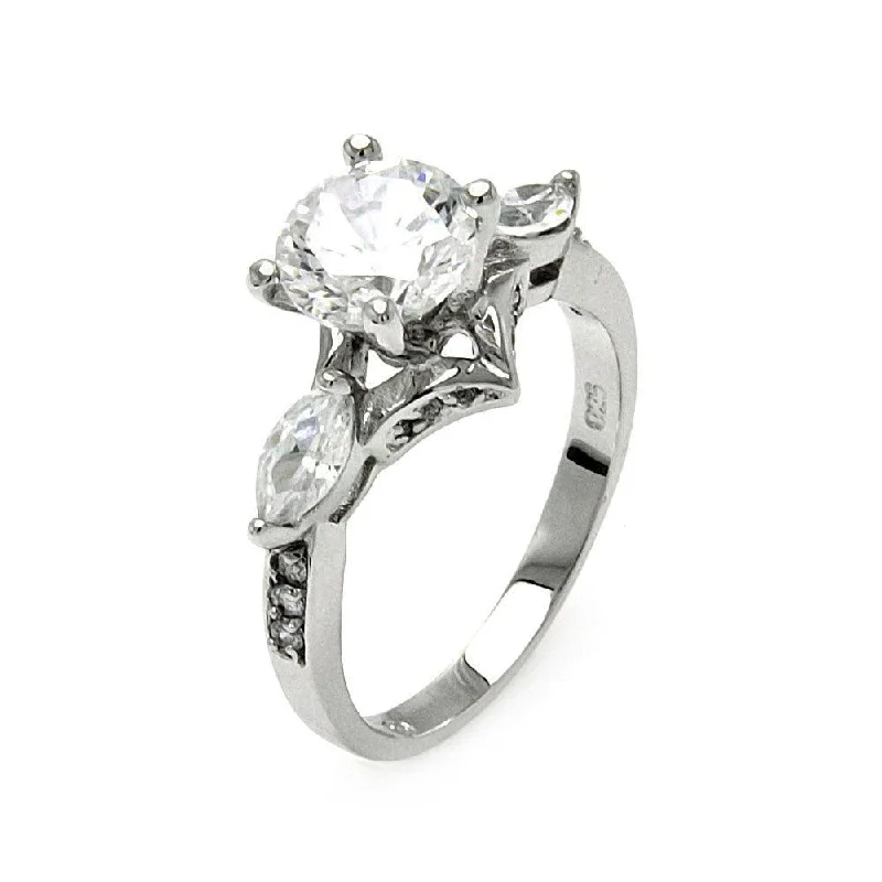 Designer Gold Rings-Silver 925 Rhodium Plated Clear Round Center and Marquise Sides CZ Bridal Ring - BGR00554