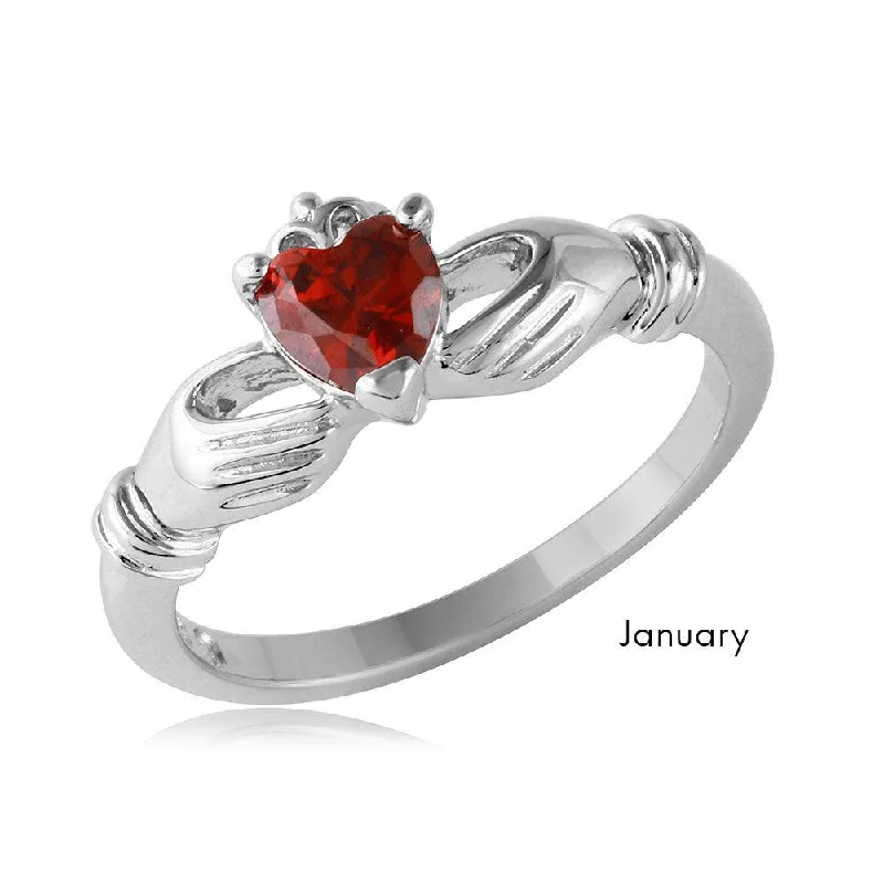 Handcrafted Diamond Rings-January Sterling Silver 925 Rhodium Plated CZ Center Birthstone Claddagh Ring - BGR01083JAN