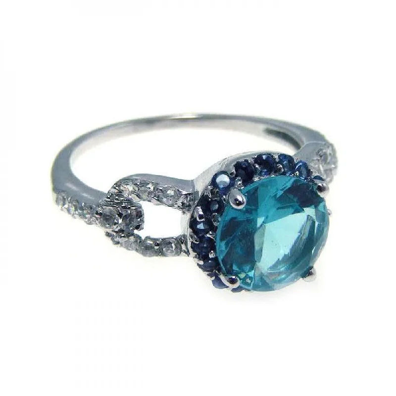 Personalized Diamond Rings-Silver 925 Rhodium Plated Blue Center Cluster and Clear CZ Ring - STR00532