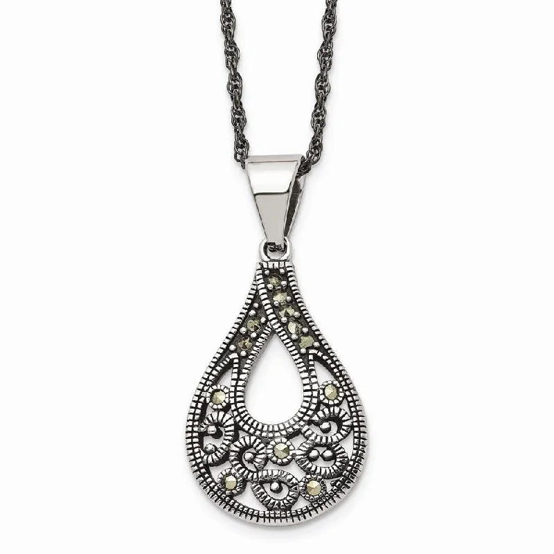 Layered Necklaces for Women-Stainless Steel Textured Teardrop Marcasite Necklace