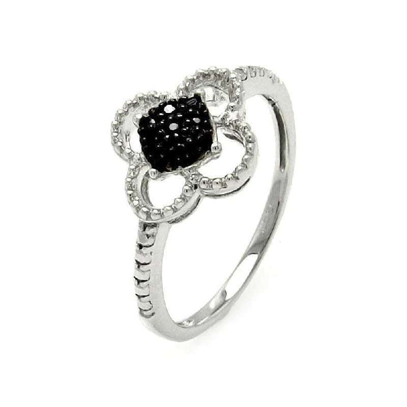 Large Gemstone Rings-Silver 925 Black and Silver Rhodium Plated Black and Clear CZ Flower Ring - STR00909