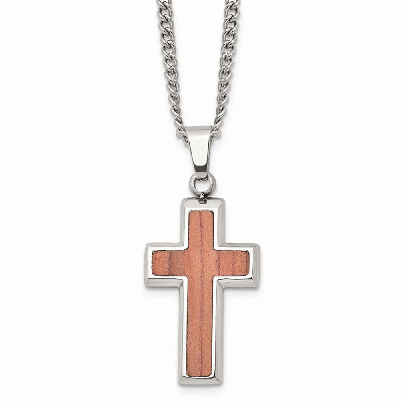 Heart-Shaped Necklaces-Stainless Steel Polished Wood Inlay Cross Necklace