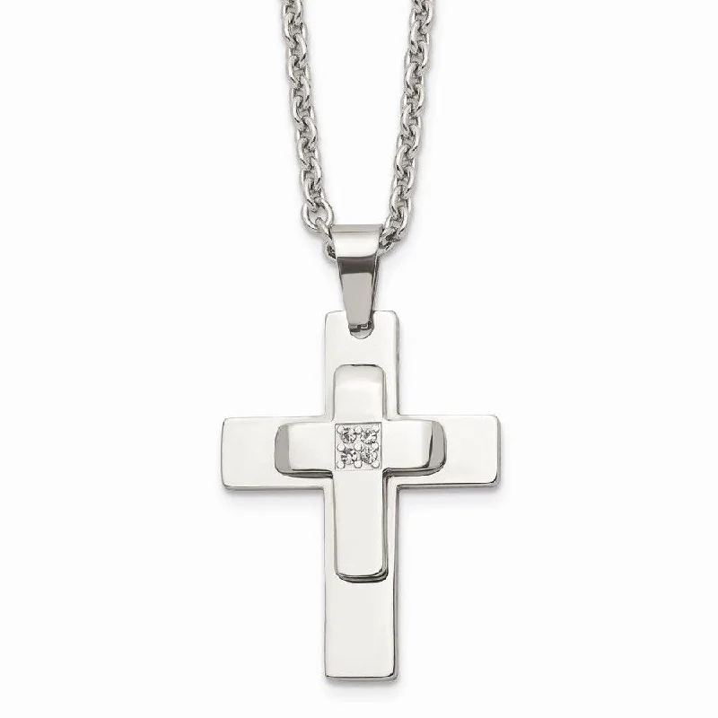 Vintage Diamond Necklaces-Stainless Steel Polished CZ Cross Necklace