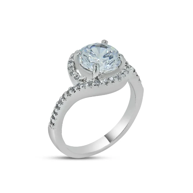 Classic Wedding Ring Sets-Rhodium Plated 925 Sterling Silver Clear Round Center CZ Bridal Ring - BGR00366