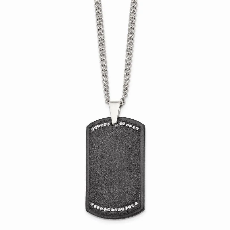 Silver Chain Necklaces-Stainless Steel Brushed LaserCut Black IP Plated CZ Dogtag Necklace