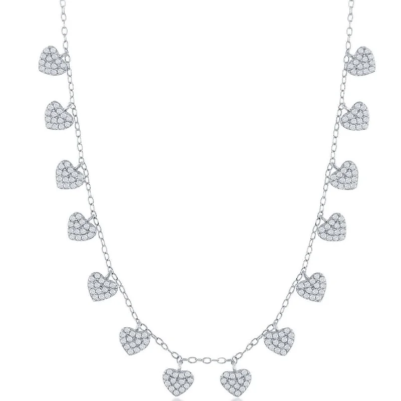 Custom Name Necklaces-Classic Women's Necklace - Sterling Silver Dangling CZ Hearts | M-6816