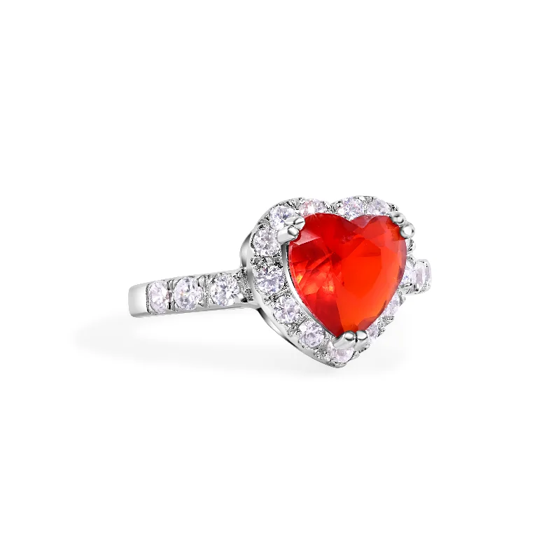 Custom Rings for Men-Silver 925 Rhodium Plated Red Cluster CZ Heart Bridal Ring - STR00698RED