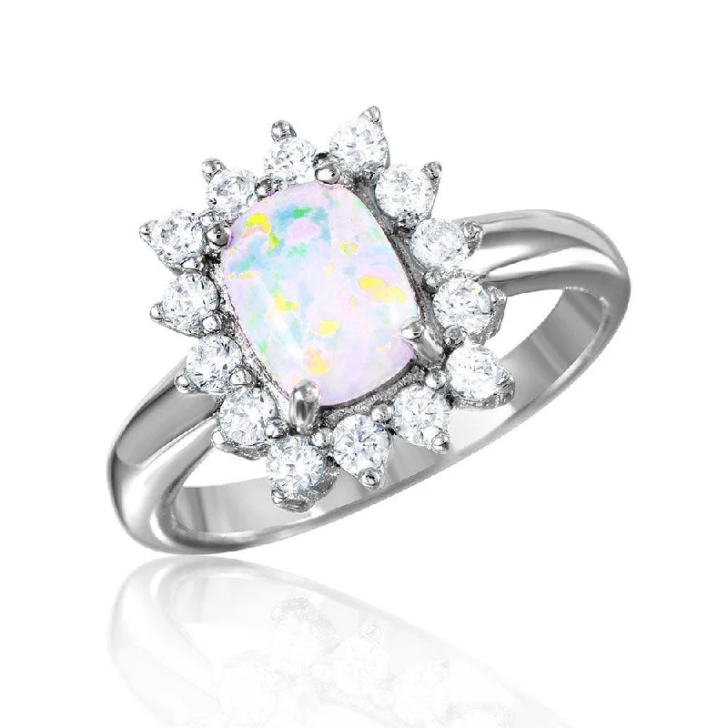 Affordable Diamond Rings-Silver 925 Rhodium Plated Rectangle Halo Ring with Synthetic Opal Center - BGR01030