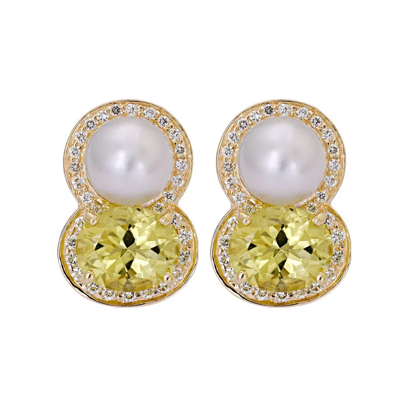 Elegant Stud Earrings-Earrings- Lemon Quartz, South Sea Pearl and Diamond