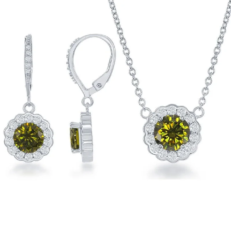 Birthstone Pendant Necklaces-Sterling Silver Peridot CZ August Birthstone With  CZ Border Round Earrings and Necklace Set