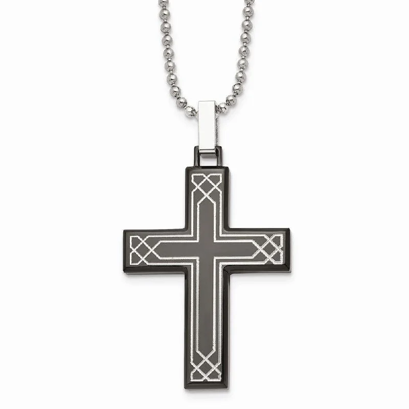 Stylish Statement Necklaces-Stainless Steel Polished Laser Etched Black IP Cross Necklace