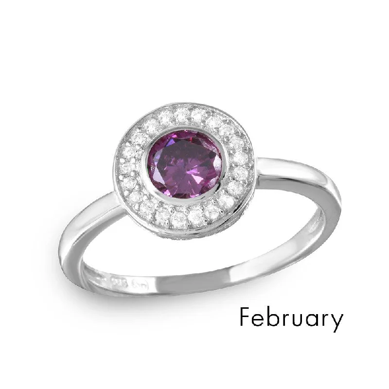 Classic Diamond Rings-February Sterling Silver 925 Rhodium Plated CZ Center Birthstone Halo Ring - BGR01082FEB