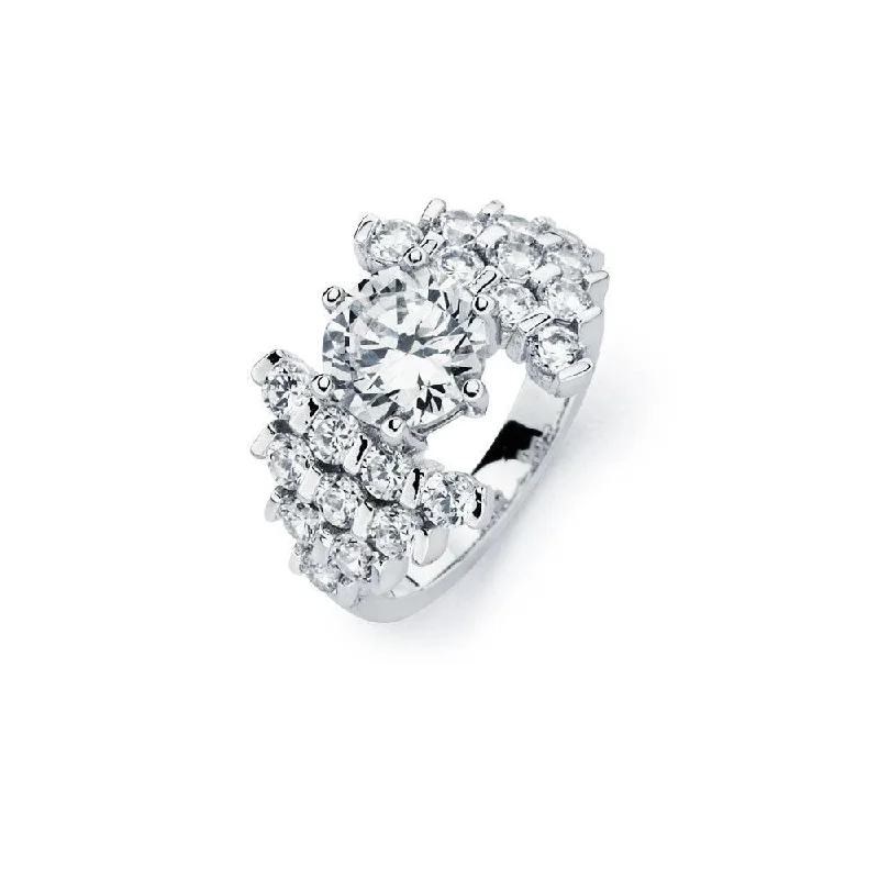 Silver and Gold Rings-Silver 925 Rhodium Plated Clear Round Center Pave Set CZ Bridal Ring - BGR00586