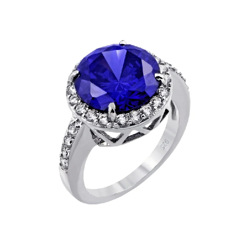 Luxury Gold Rings-Silver 925 Rhodium Plated Blue Round and Clear Inlay CZ Bridal Ring - BGR00780