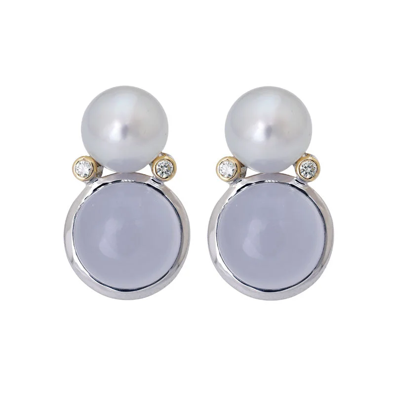 Silver Dangle Earrings-Earrings- Chalcedony, South Sea Pearl and Diamond