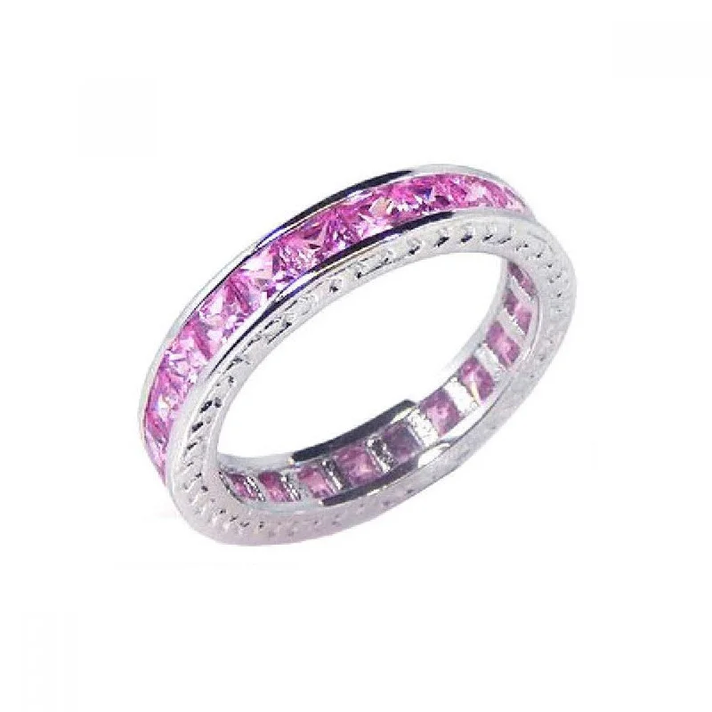 Affordable Diamond Rings-Silver 925 Rhodium Plated Channel Set Pink Square CZ Eternity Ring - BGR00056