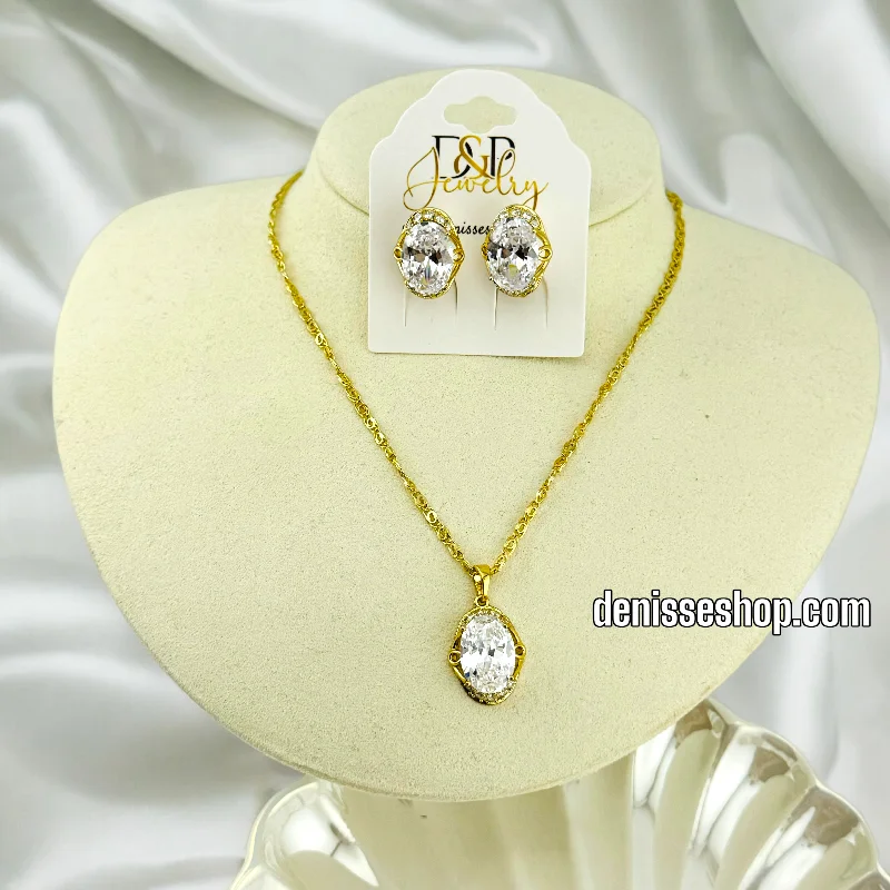 Vintage Gold Necklaces-14K GOLD /  WHITE STONE NECKLACE AND EARRING SET N44