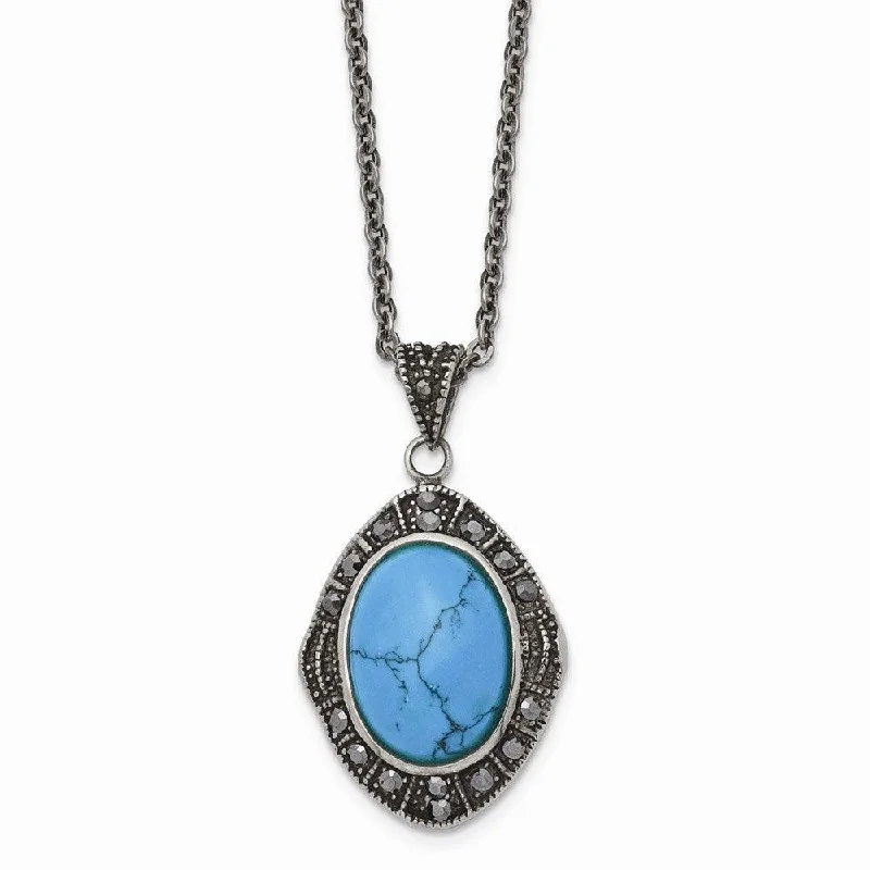 Trendy Personalized Necklaces-Stainless Steel Simulated Turquoise/Marcasite Antiqued Necklace