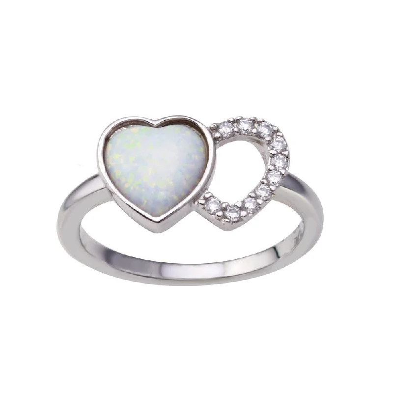 Wedding Ring Sets-Rhodium Plated 925 Sterling Silver 2 Open Heart Simulated Opal and Clear CZ Ring - BGR01354