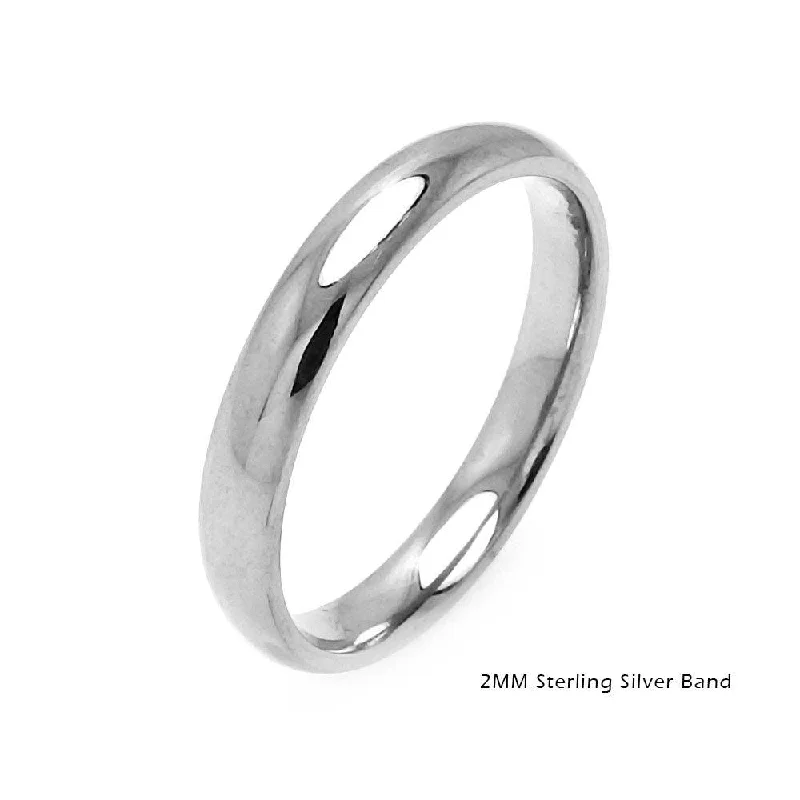 Custom Silver Rings-High Polished 925 Sterling Silver Plain Wedding Band Round Ring - RING01-2MM