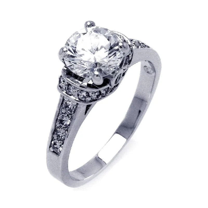 Engagement Rings with Colored Stones-Silver 925 Rhodium Plated Channel Set Clear Round Center CZ Bridal Ring - BGR00397